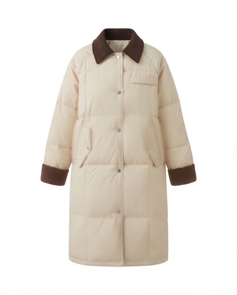 Women’s longer quilted thermal coat with contrasting cord collar, concealed snap button placket and oversized cut