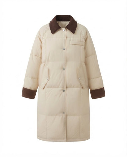 Women’s longer quilted thermal coat with contrasting cord collar, concealed snap button placket and oversized cut
