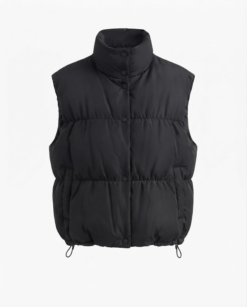 Ladies' puffy insulation vest with square construction and high stand-up collar