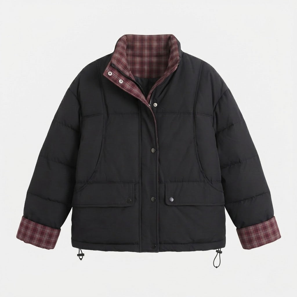 Women's short padded boxy blouson with checked lining, high collar and patch flap pockets