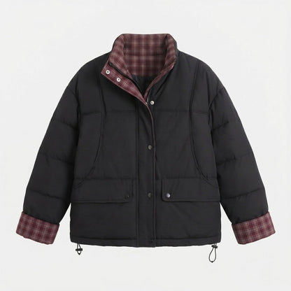 Women's short padded boxy blouson with checked lining, high collar and patch flap pockets