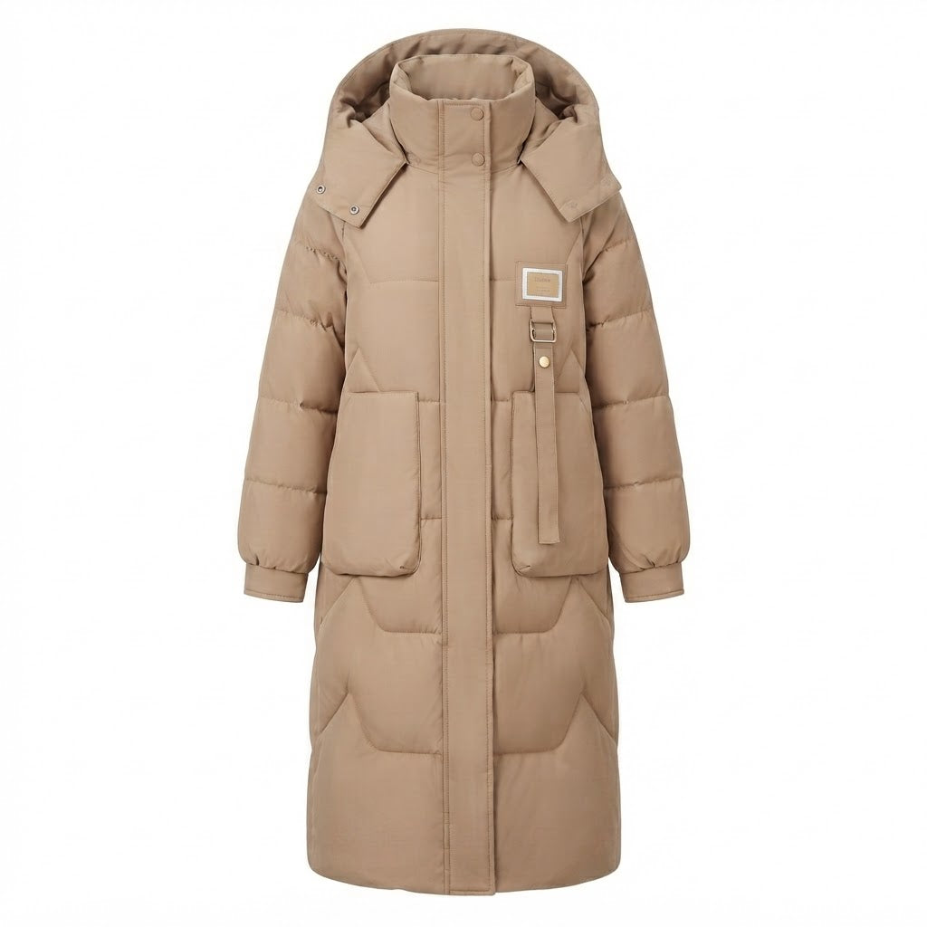 Women Long Thermal Quilted Coat with Oversized Hood and Wind Shield Flap
