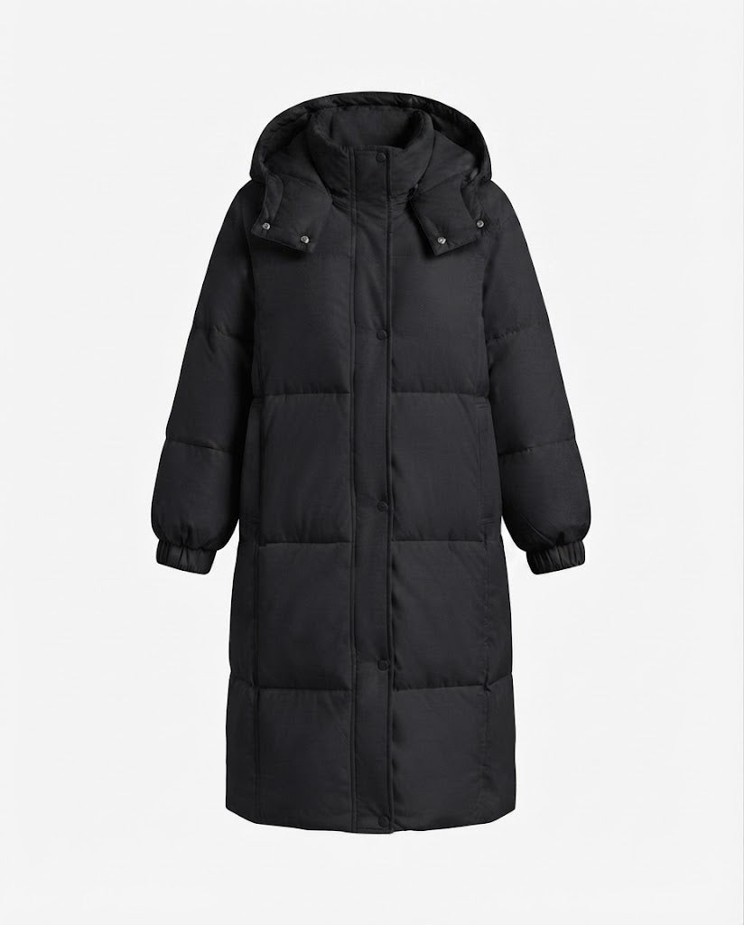 Women's longer minimalist padded coat with high wrap collar and straight square quilting seams