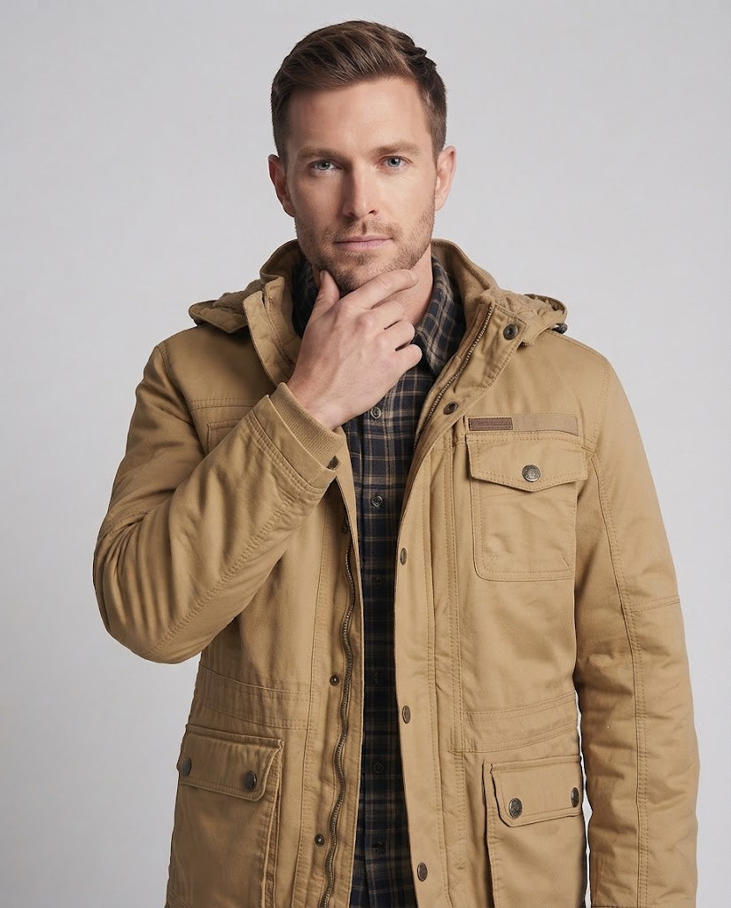 Men's warmer canvas parka with teddy lining, hood, and multiple pockets EVA-US