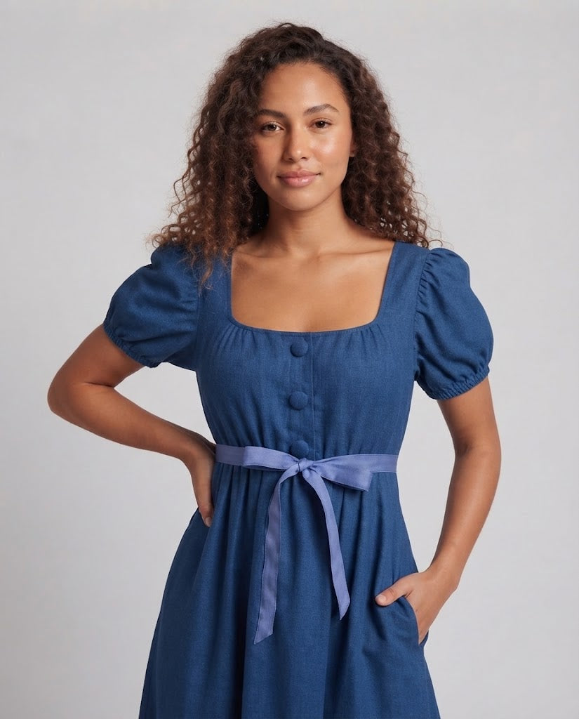 Women Elegant Maxi Dress with Puff Sleeves and Waistband EVA-US