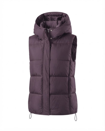 Women’s nano ultra-light insulation vest with voluminous hood, concealed two-way front and adjustable hem