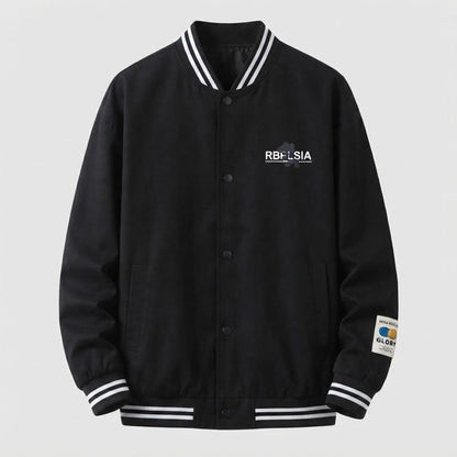 Men's Lightweight College Bomber Jacket with Striped Ribbed Cuffs and Snap Placket EVA-US