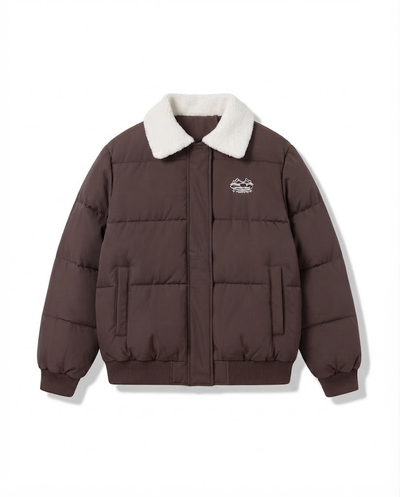 Women's urban boxy puffer with sherpa shawl collar, quilted square design and elastic ribbed cuffs