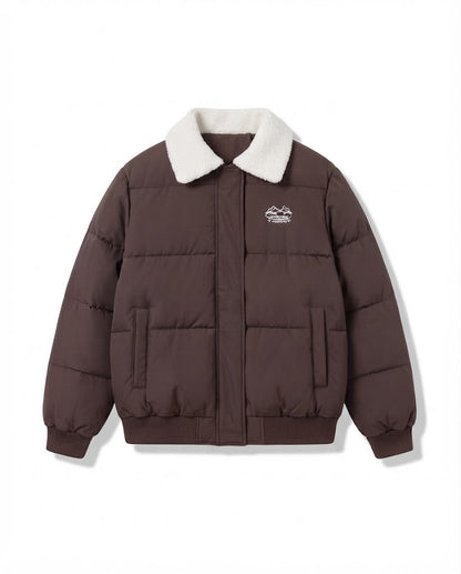 Women's urban boxy puffer with sherpa shawl collar, quilted square design and elastic ribbed cuffs