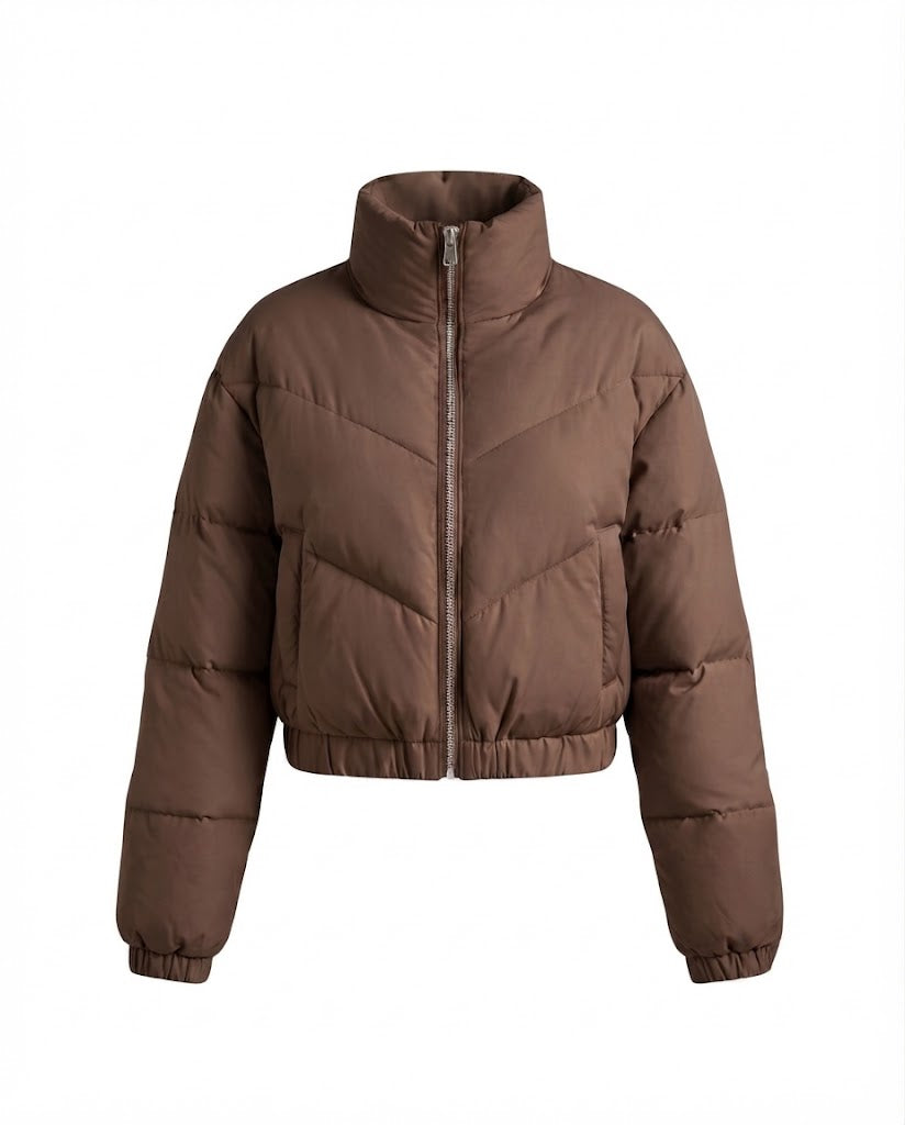 Women's cropped padded puffer jacket with high stand-up collar and elastic hem