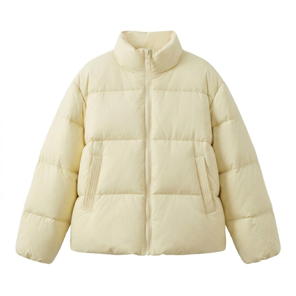 Women's short voluminous padded jacket with high shawl collar, two-way zipper, and concealed side pockets