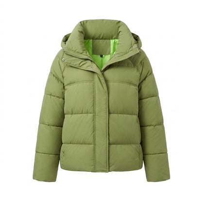 Women's padded oversized quilted jacket with high stand-up collar and adjustable drawstring