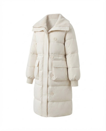 Women's long padded coat with Sherpa shawl collar, waist drawstring, and large flap pockets