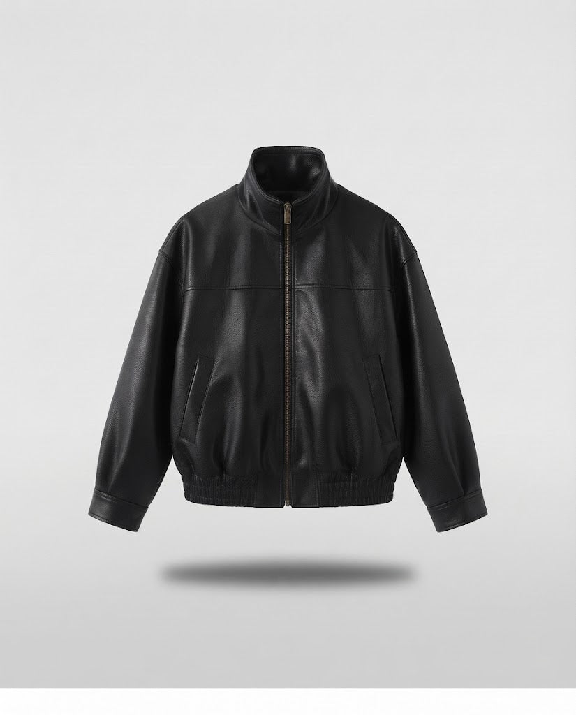 Women's short bomber-style jacket made of soft lamb napa leather with a high stand-up collar EVA-US