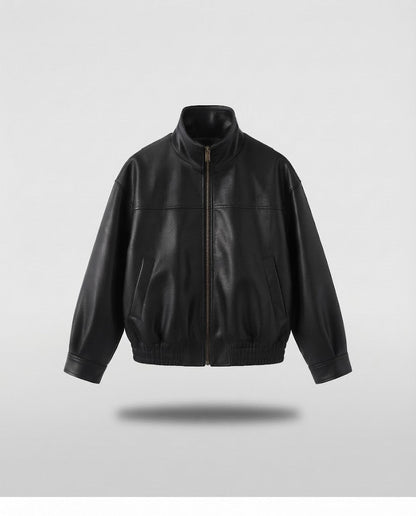Women's short bomber-style jacket made of soft lamb napa leather with a high stand-up collar EVA-US