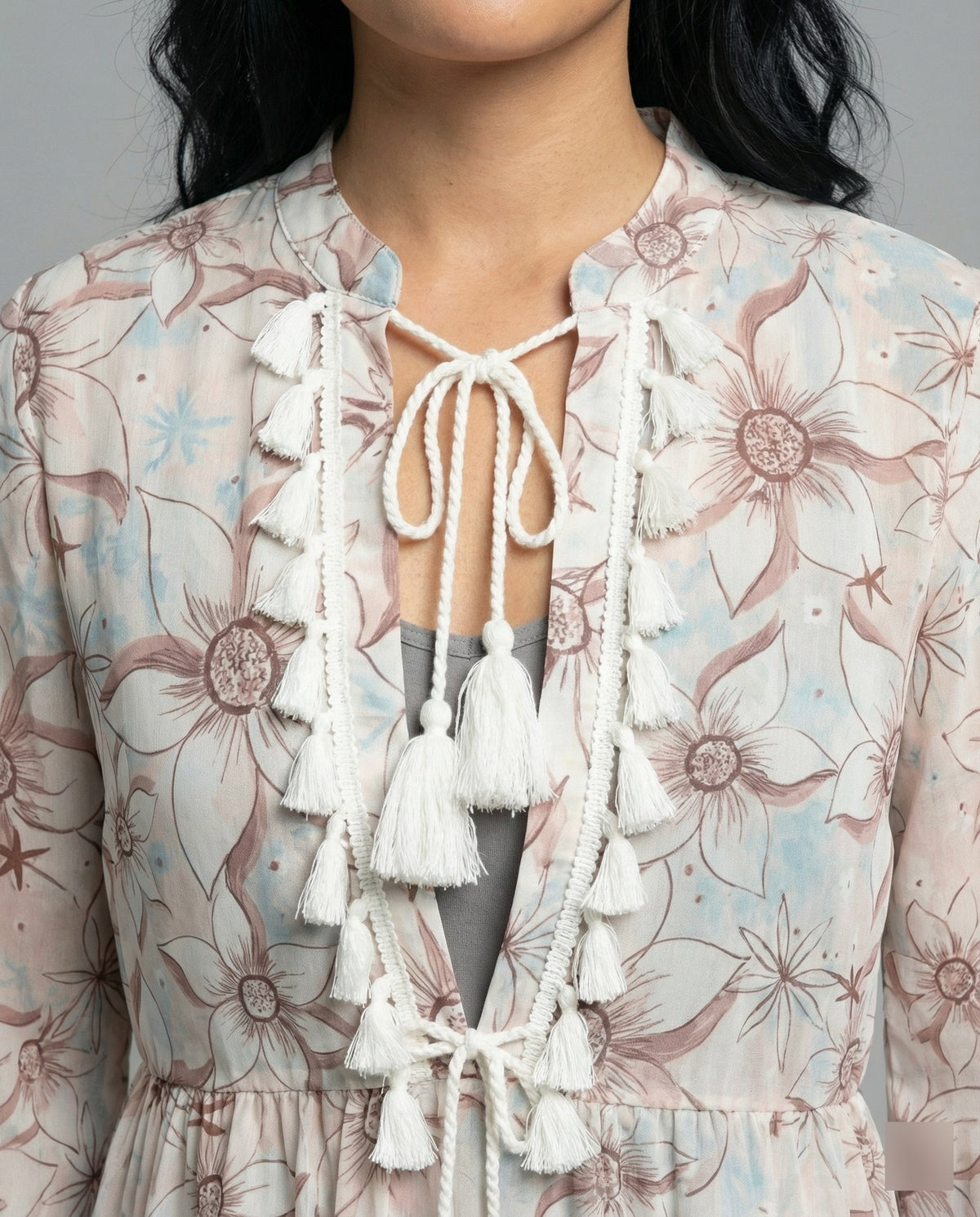 Women’s beach dress with high collar and romantic floral pattern