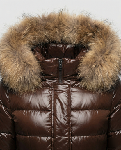 Women's winter down jacket with removable hood and luxurious fur collar