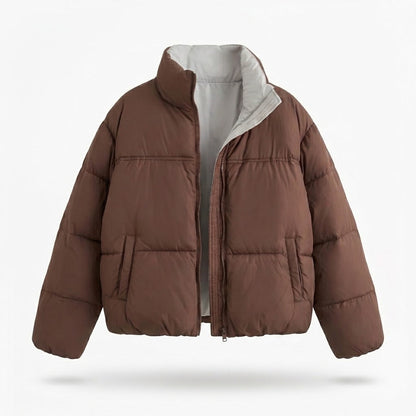 Women's short padded boxy puffer with two-layer stand collar and concealed zipper placket