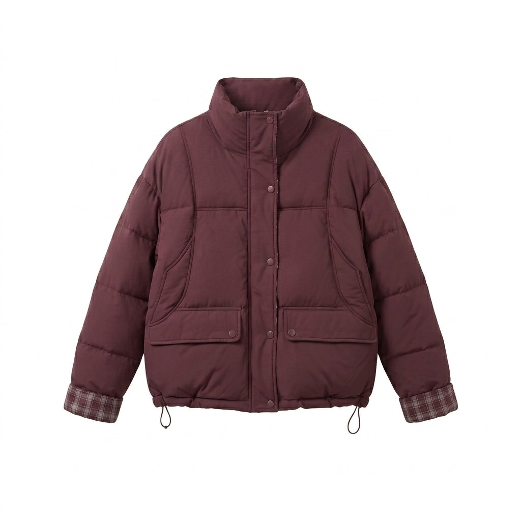 Women's short padded boxy blouson with checked lining, high collar and patch flap pockets