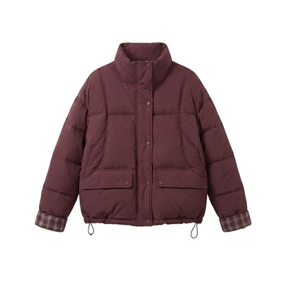 Women's short padded boxy blouson with checked lining, high collar and patch flap pockets