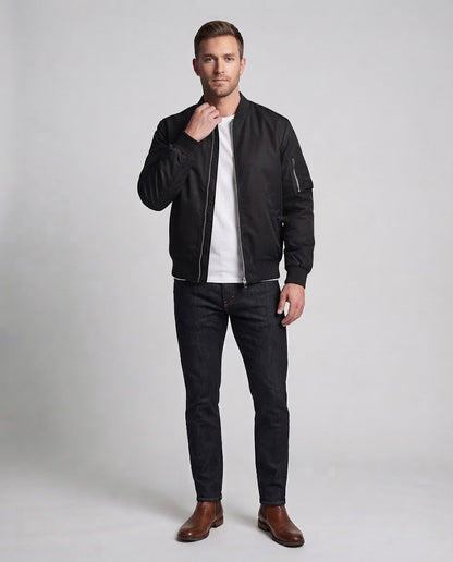 Men's lightweight nylon flight bomber with arm pocket, dual zipper and ribbed cuffs EVA-US