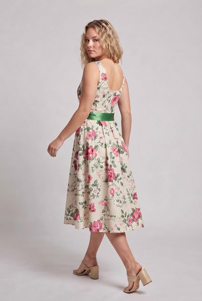 Women Floral Pattern A-Line Dress with Waist Belt EVA-US