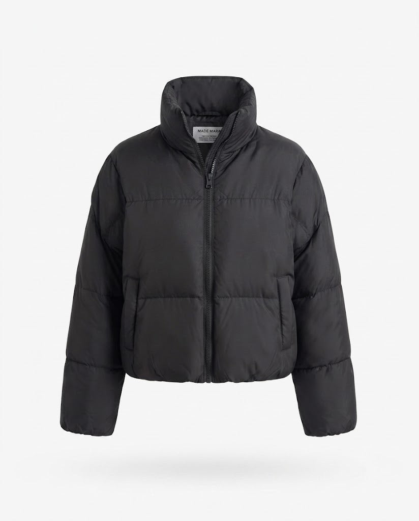 Women's short padded boxy puffer with two-layer stand collar and concealed zipper placket