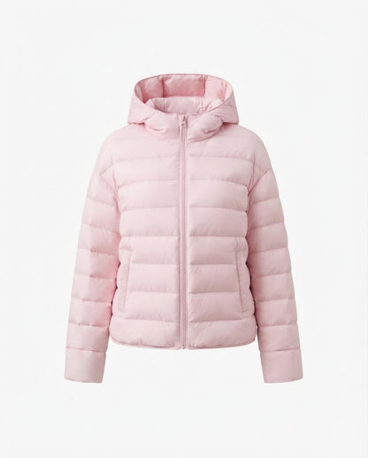 Women nan minimalist short thermo quilted jacket with ergonomic hood, tailored seam design and windproof outer shell