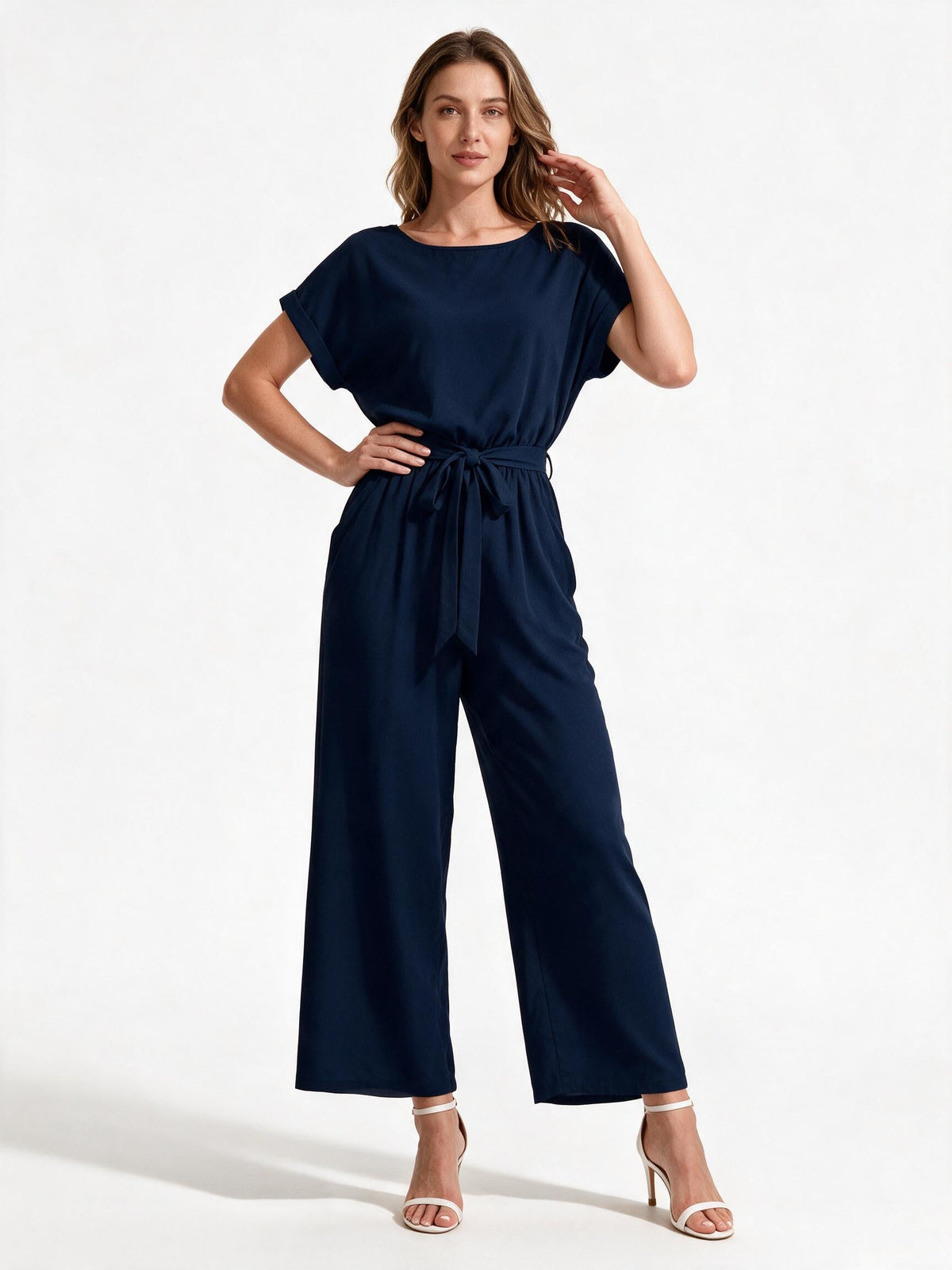 Damen Eleganter Jumpsuit mit weitem Bein und Taillenknoten Nord Taschen