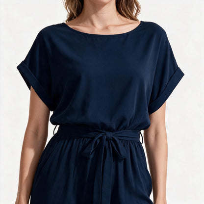 Damen Eleganter Jumpsuit mit weitem Bein und Taillenknoten Nord Taschen