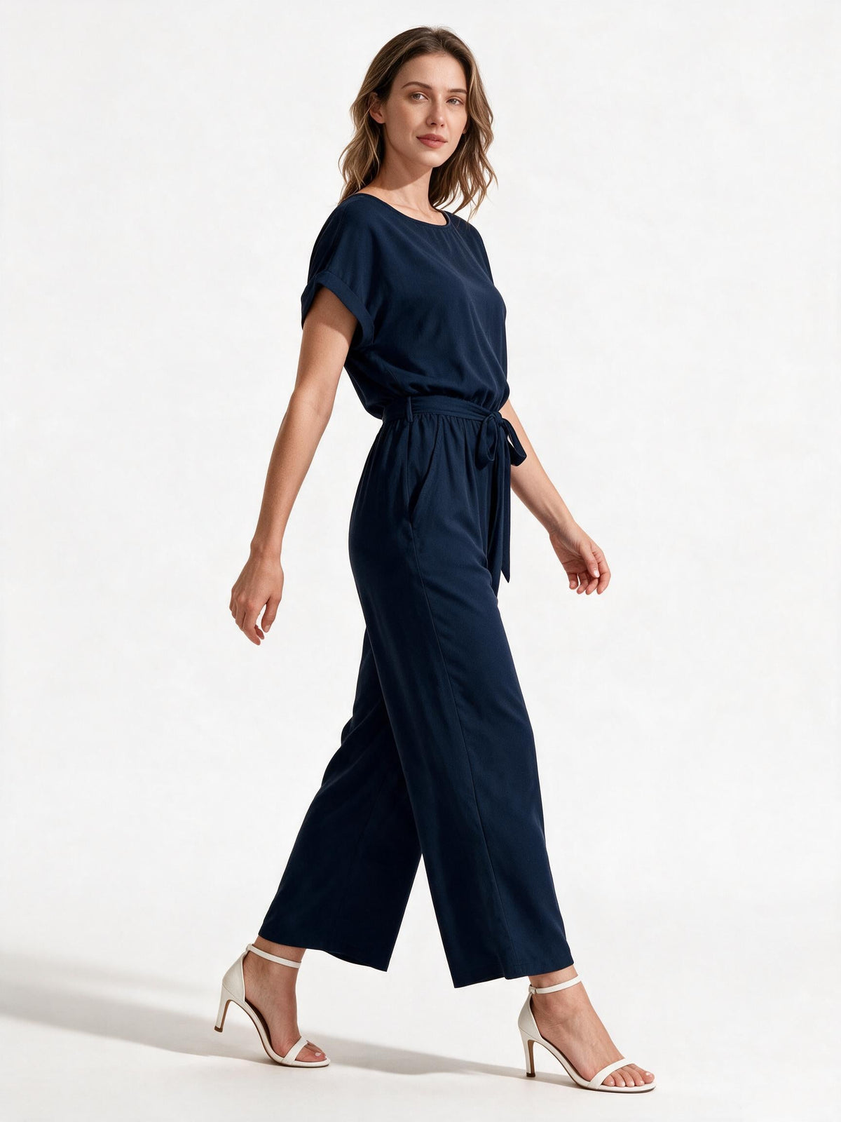 Damen Eleganter Jumpsuit mit weitem Bein und Taillenknoten Nord Taschen