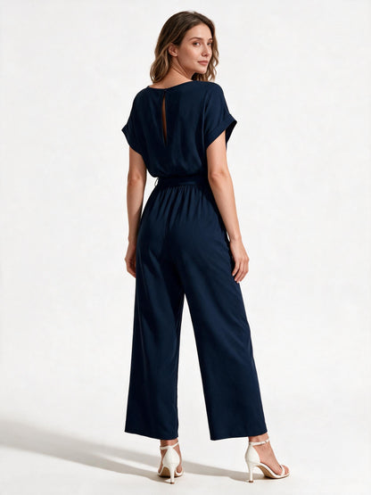 Damen Eleganter Jumpsuit mit weitem Bein und Taillenknoten Nord Taschen