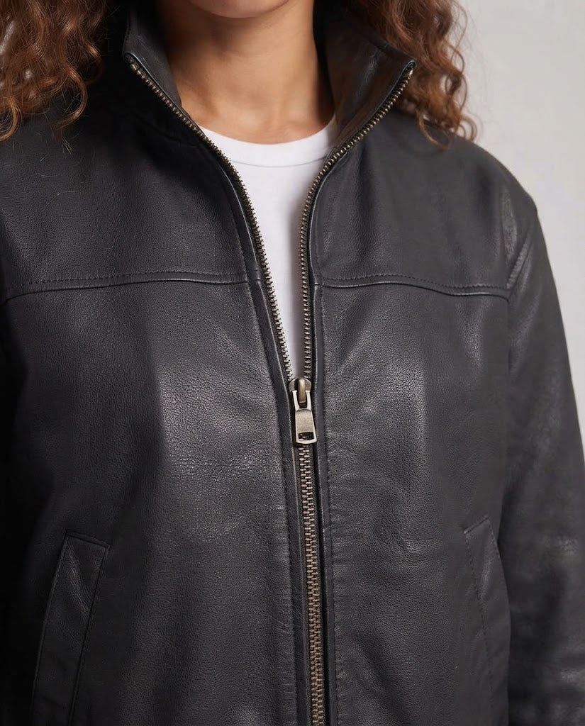 Women's short bomber-style jacket made of soft lamb napa leather with a high stand-up collar EVA-US