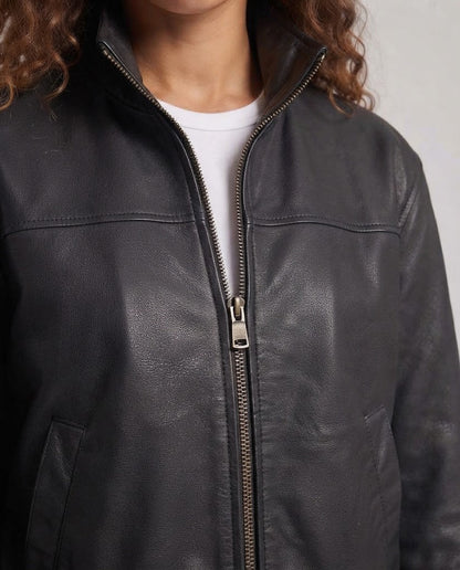 Women's short bomber-style jacket made of soft lamb napa leather with a high stand-up collar EVA-US