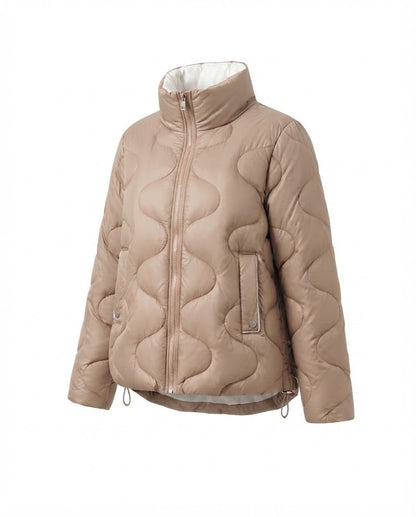 Women's Nano Short Padded Wave Quilt Puffer with Ergonomic Stand-Up Collar and Side Drawstring