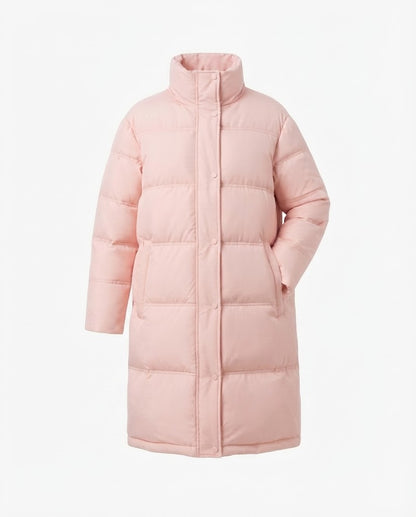 Ladies long-cut quilted thermal coat with hood, two-way zipper and side zip vents