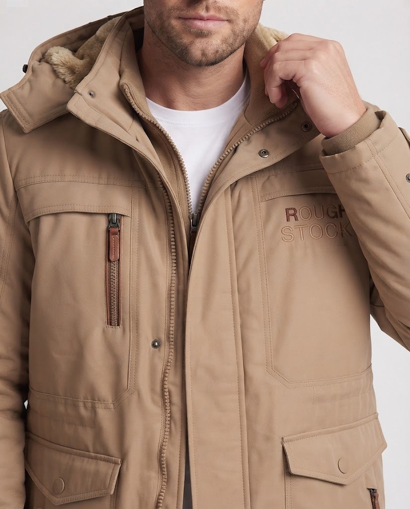 Men's padded canvas outdoor jacket with teddy lining, reinforced pockets, and high collar EVA-US