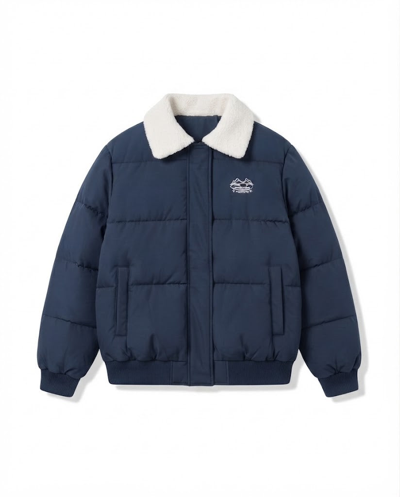 Women's urban boxy puffer with sherpa shawl collar, quilted square design and elastic ribbed cuffs