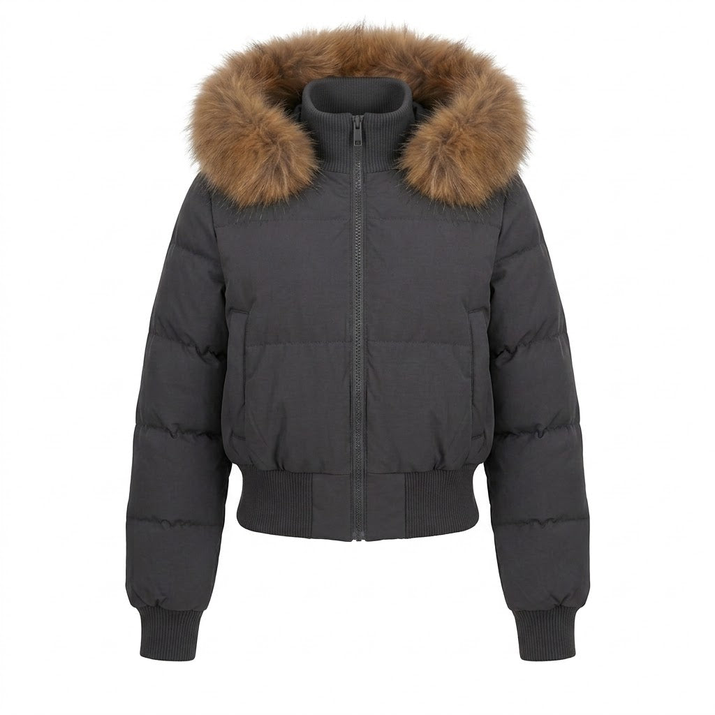 Ladies nano short padded hooded puffer with voluminous faux fur trim, ribbed cuffs, and warming thermal filling