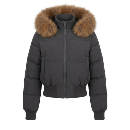 Ladies nano short padded hooded puffer with voluminous faux fur trim, ribbed cuffs, and warming thermal filling