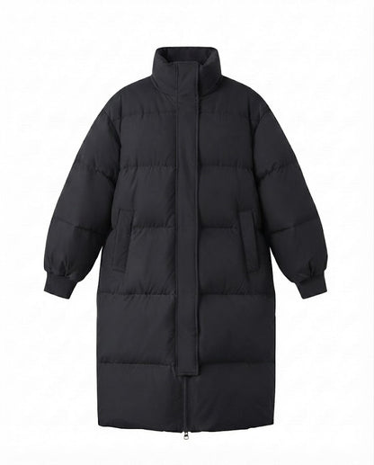 Women's longer noise-reducing thermo quilted coat with ergonomic stand collar and shoulder flaps detail