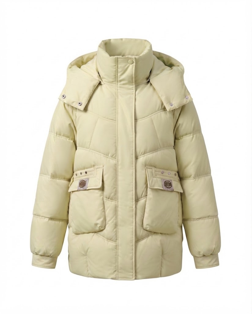 Women's mid-length padded parka with high stand-up collar flap, stowable hood, and large cargo pockets