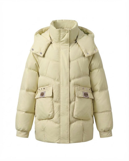 Women's mid-length padded parka with high stand-up collar flap, stowable hood, and large cargo pockets