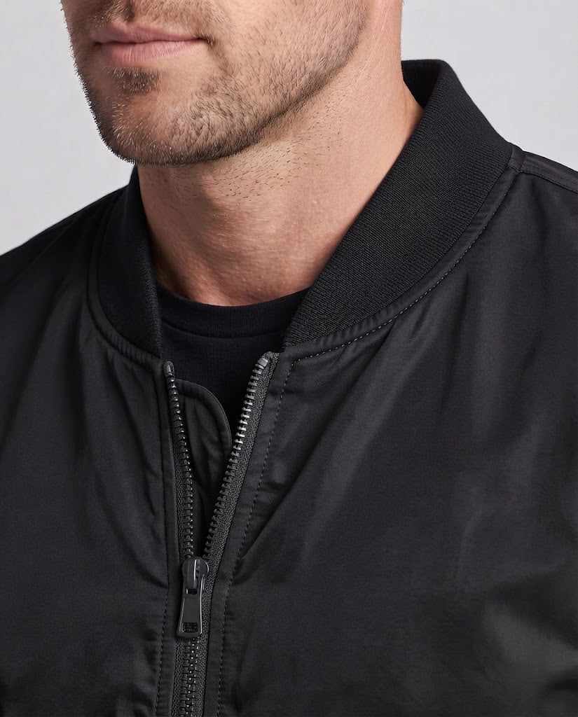 Men's technical nylon flight bomber with padded lining, arm pocket, and elastic ribbed cuffs EVA-US