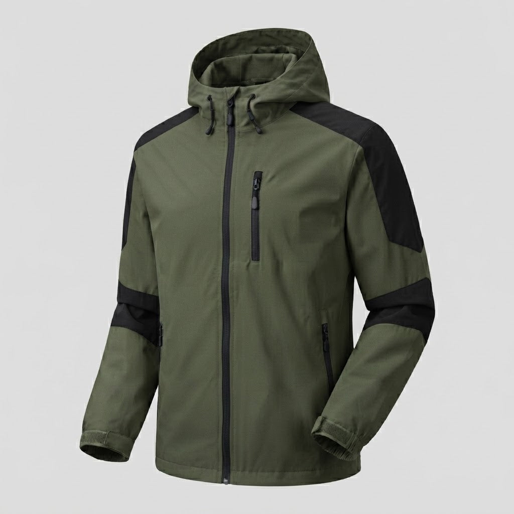 Men's lightweight water-repellent hooded softshell jacket with contrast stripes and chest zip EVA-US