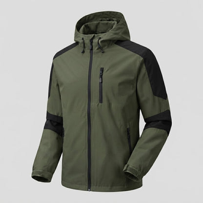 Men's lightweight water-repellent hooded softshell jacket with contrast stripes and chest zip EVA-US
