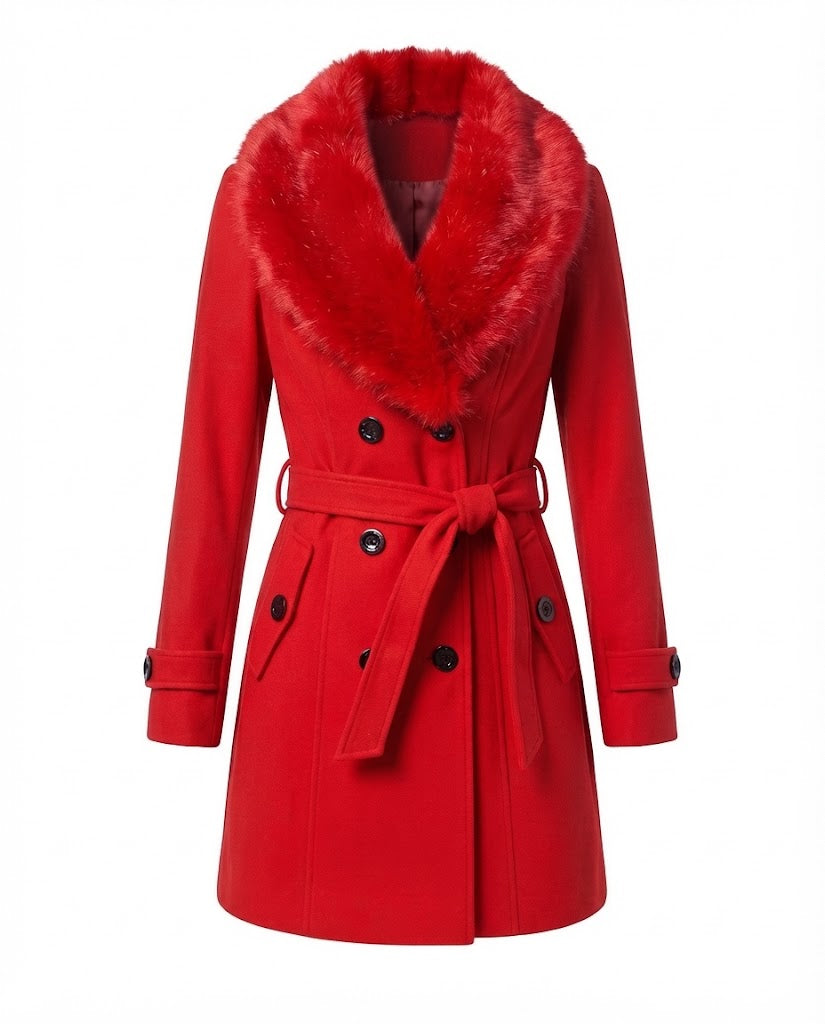 Women's Tailored Wool Blend Coat with Removable Faux Fur Collar EVA-US