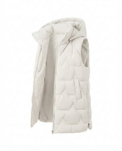 Women's long quilted hooded vest with zigzag stitching, high stand-up collar and side zip pockets