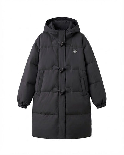 Women's long-cut thermal puffer coat with minimalist button placket, ergonomic stand-up collar, and spacious side pockets