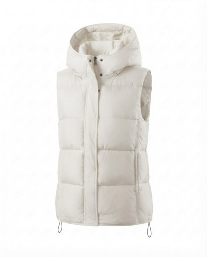 Women’s nano ultra-light insulation vest with voluminous hood, concealed two-way front and adjustable hem